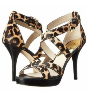 Michael Kors Evie 9 1/2 M Cheetah Hair Calf Platform Ankle Stilettos Sandals 