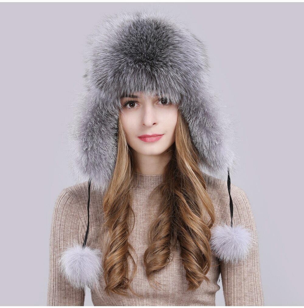 Mens Womens genuine Silve Fox Fur hat Cap Trapper Russian  display picture 1