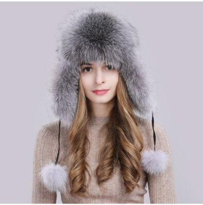 Mens Womens genuine Silve Fox Fur hat Cap Trapper Russian  display picture 1