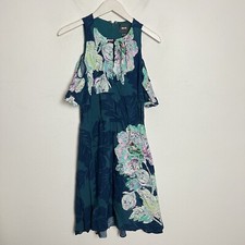 Anthropologie Maeve Open Shoulder Tropical Floral Print Dress Blue 2 Vacation