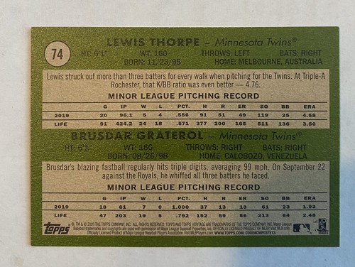 2020 Topps Heritage Lewis Thorpe / Brusdar Graterol Rookie Stars RC Twins - Picture 2 of 2