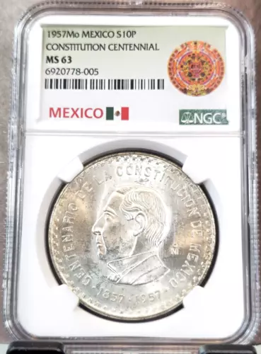 1957 MEXICO SILVER 10 PESOS CONSTITUTION CENTENNIAL NGC MS 63 SCARCE GREAT COIN