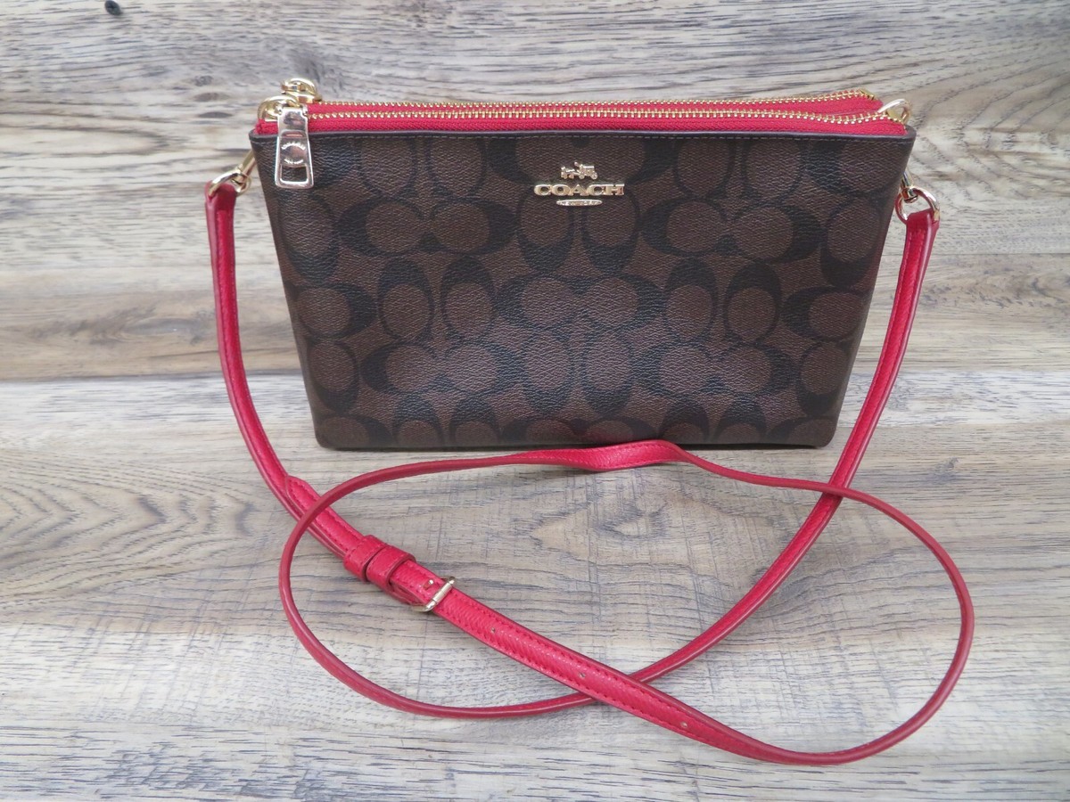 Coach Signature Double Zip Small Purse Brown / Red | eBay