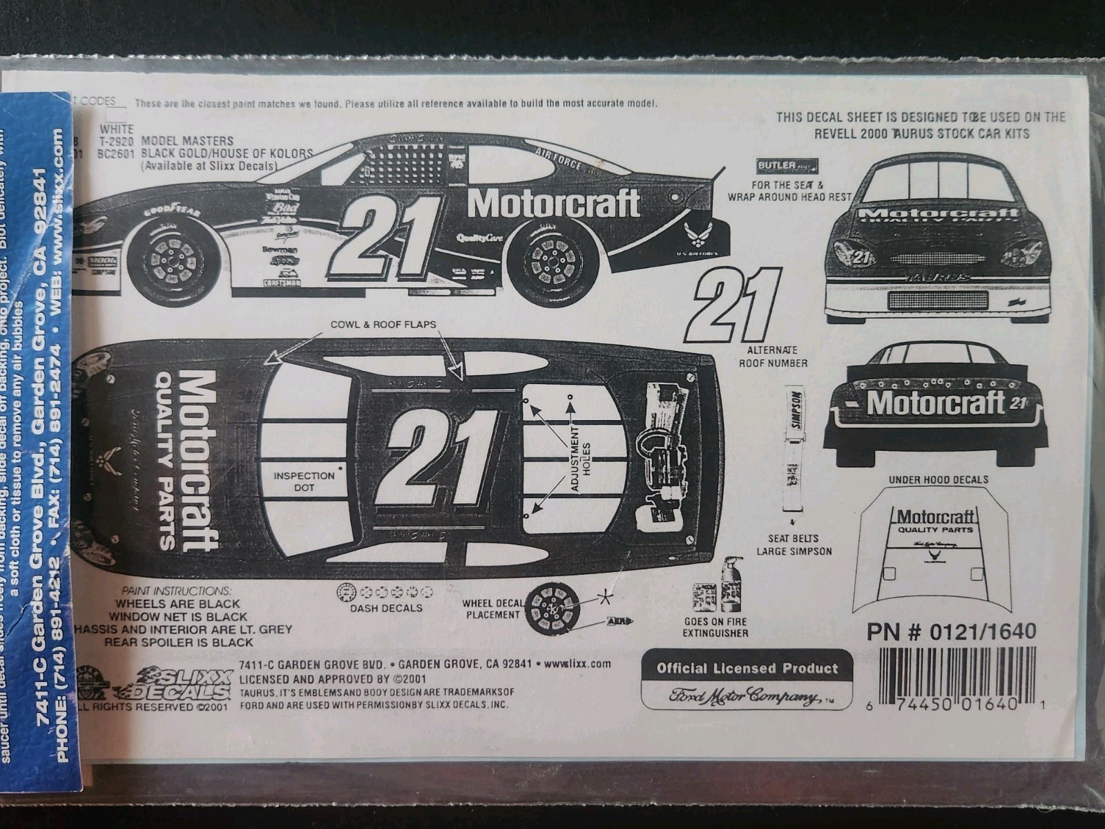2001 Elliott Sadler #21 Motorcraft Ford 1:24 Decal - Slixx Waterslide Decals