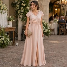 Lulus Maxi Dress Sz S Peach Chiffon Bridal Wedding Guest Event Formal Slit NWT