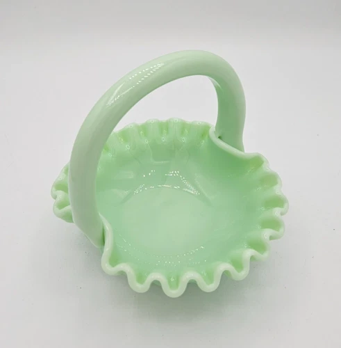 Vintage Westmoreland Jadeite Milk Glass Grape Leaf Ruffled edge Basket  MCM