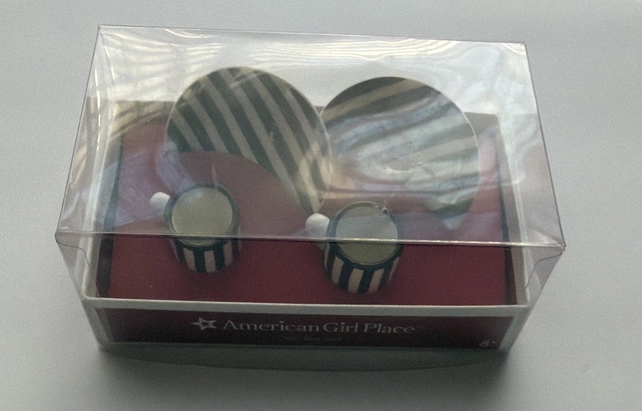 Retired American Girl Doll Cafe Tea Set: 2 Cups/Saucers Black White Stripes