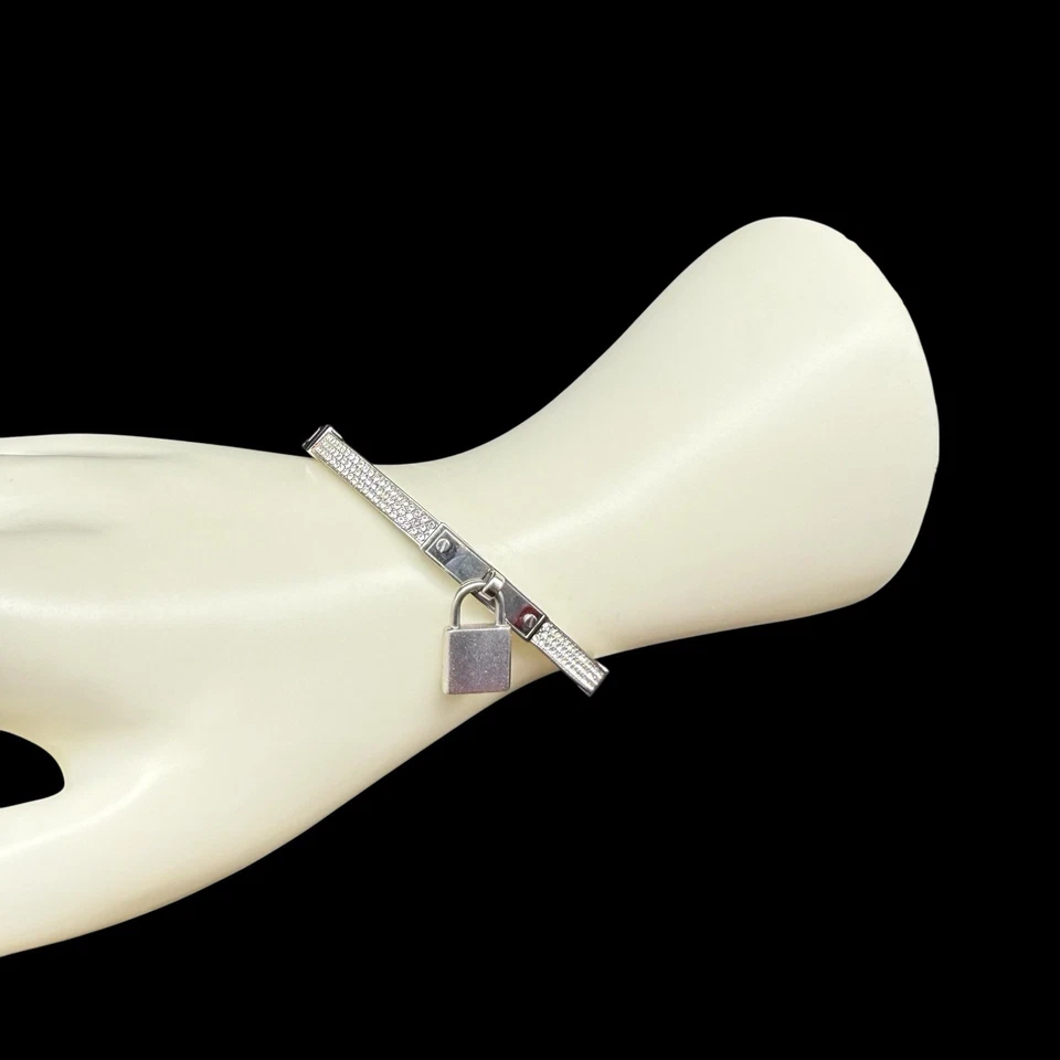 MICHAEL KORS Silver Tone Hinged Pave Crystal Bangle Bracelet Lock Padlock Charm - Image 3 of 4