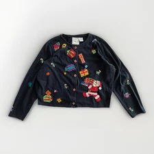 VTG MICHAEL SIMON LITE 100% Cotton Christmas Cardigan Sweater Size L Santa Gifts
