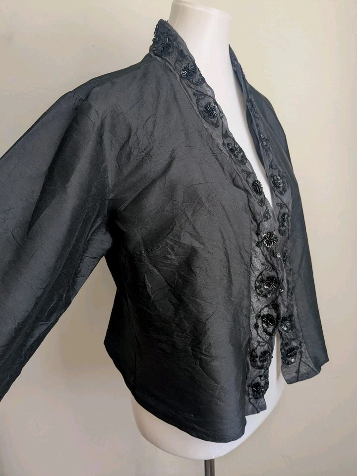 Винтажный черный шелк открытый куртка верхний блестки бисером викторианской стимпанк Gothic M L - Изображение 3 из 4