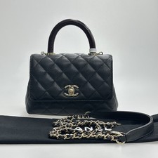 Chanel Mini Coco Handle Black Quilted Caviar Leather Red Top Handle Handbag