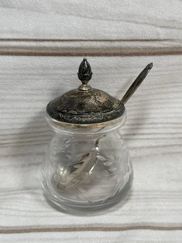 Vintage Prelude International Sterling Silver Spoon Etched Glass Jelly Jam Jar