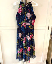 Eliza J Dress 6 Blue Boho Cottage Hi Low Hem Silky Floral Sundress Wedding Guest