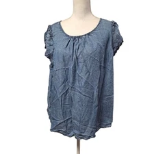 LC Lauren Conrad Blouse Lace Cap Sleeves Blue Denim Womens XL Tie Back Country
