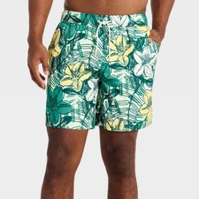 Men's 7'' Patterned Swim Trunks - Goodfellow  Co Green Floral M