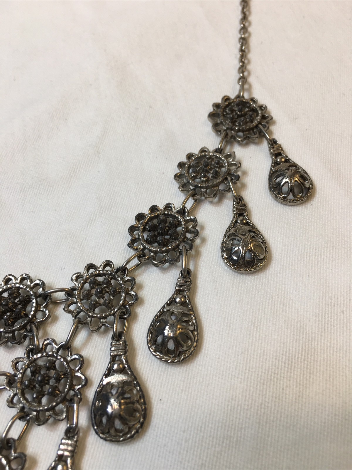 Statement Necklace Silver Tone Rustic Teardrop Do… - image 3