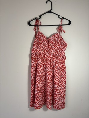 Simplee Women s (sz M )Red White Floral A-Line Sundress Sweetheart Tie Ruffle Zi