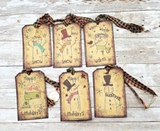 6-Christmas-Primitive-Farmhouse-Holiday-Snowman-Linen Cardstock-Gift-Hang-Tags