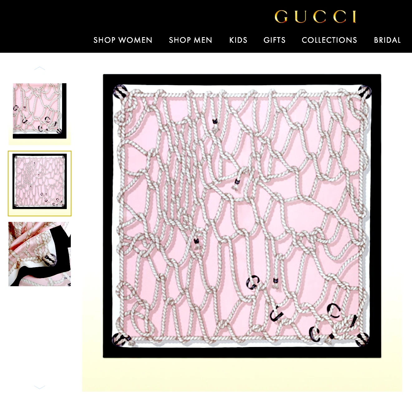 Gucci Silk Wrap Logo Pink Ropes Print Black Unisex Scarf with Gucci Gift Box