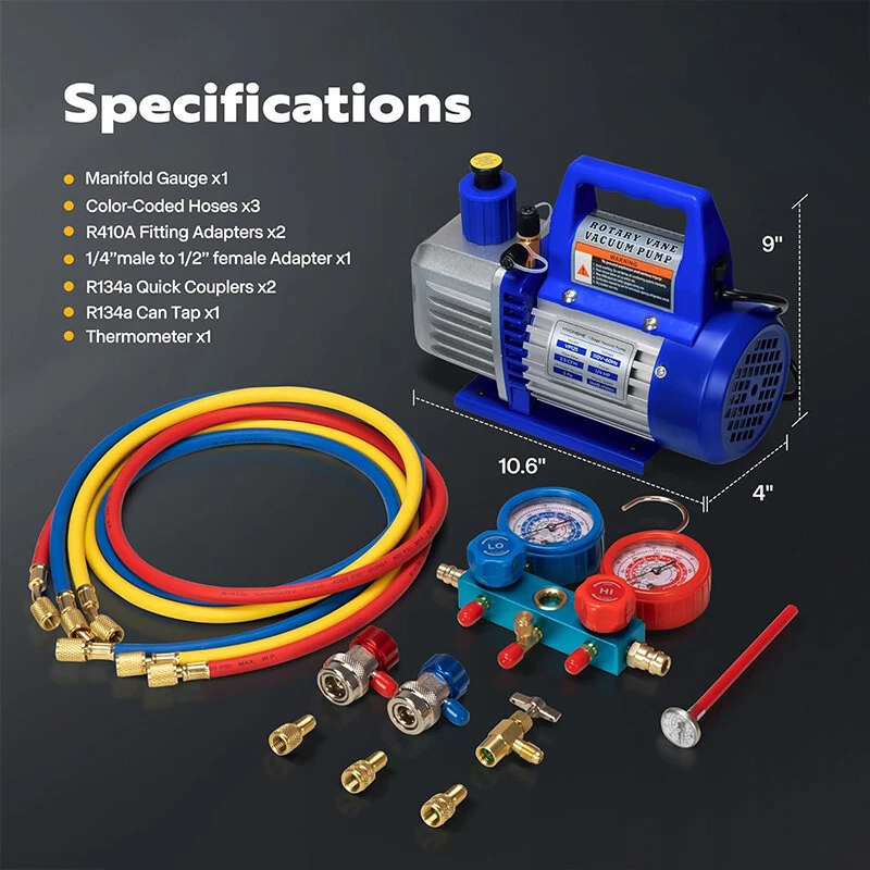 Combo 3.5cfm 1/4hp Air HVAC Vacuum Pump Kit & A/C Manifold Gauge Set with Case - Image 2 of 4