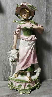 Antike BISKUIT große Porzellan Figuren, junge Frau mit zwei Schafen - 50 cm  