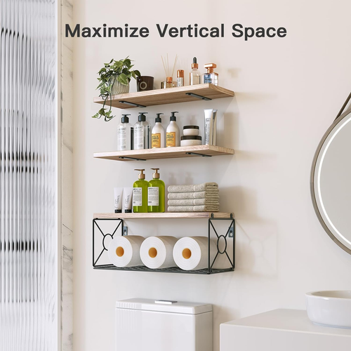 Amada Bathroom Shelves over Toilet with Storage Basket, Floating Shelves Wall Sh - Picture 2 of 12