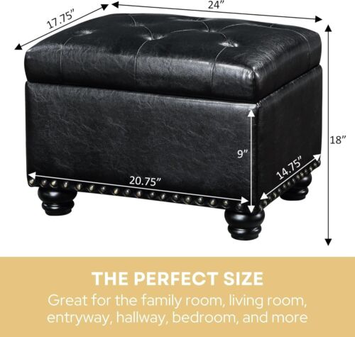 Elegant 24" Black Faux Leather Storage Ottoman with Hinged Lid & Footrest - Picture 5 of 12