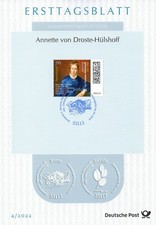 BRD 2022: Annette von Droste-H&uuml;lshoff Ersttagsblatt Nr. 3658 Bonn-Stempel! 23-01