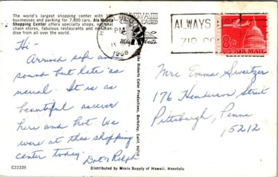 Postcard Ala Moana Shopping Center Honolulu 1968 | eBay
