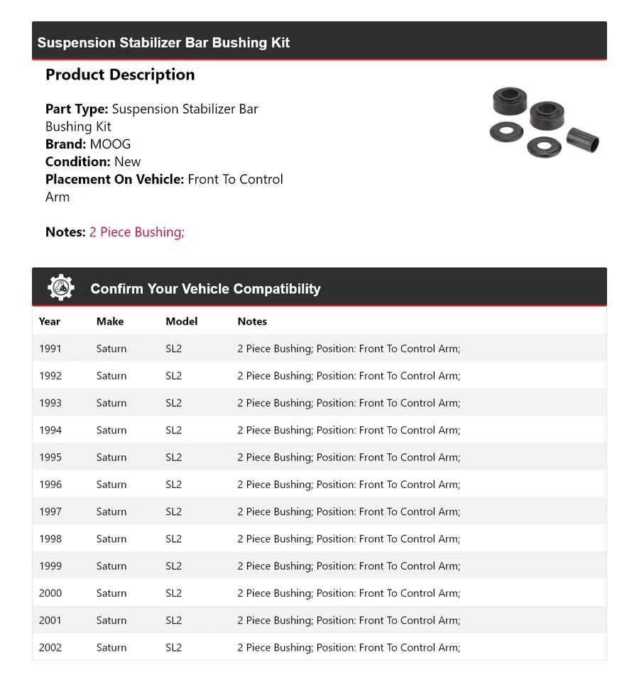 For 1991-2002 Saturn SL2 Suspension Stabilizer Bar Bushing Kit MOOG 1991 1992 - Image 2 of 4