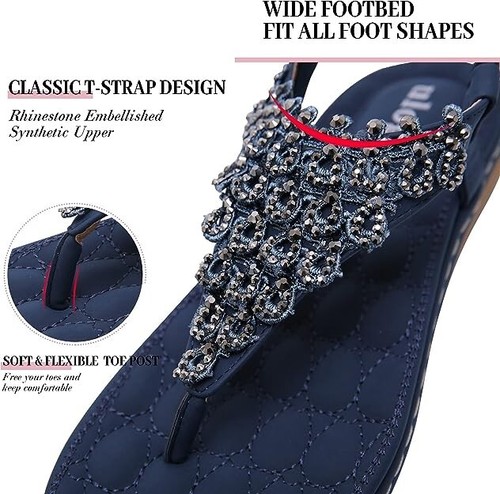  Flache Damensandalen elegant Sommer Strand Freizeit Boho Strass blau 🙂 - Bild 2 von 7