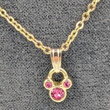 Disney Necklace Pink Crystal Mickey Mouse Ears Charm Pendant Chain 18" Gold Tone