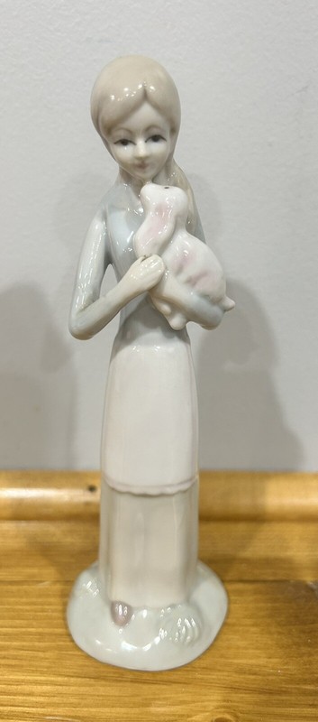 Lady Holding Dog Porcelain Figurine Made In Germany 7” Royal Crown