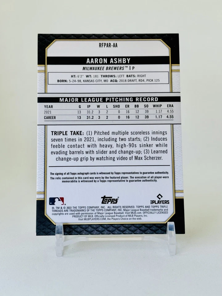 2022 Topps Triple Threads GOLD Rookie AUTO Aaron Ashby BREWERS 24/35 RPA - Image 2 of 2