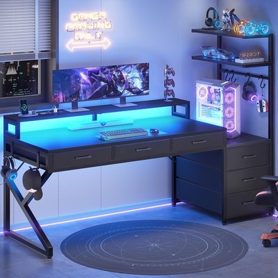 55'' Gaming Desk with 6 Drawers, Corner Computer Desk with Storage and LED Lights
