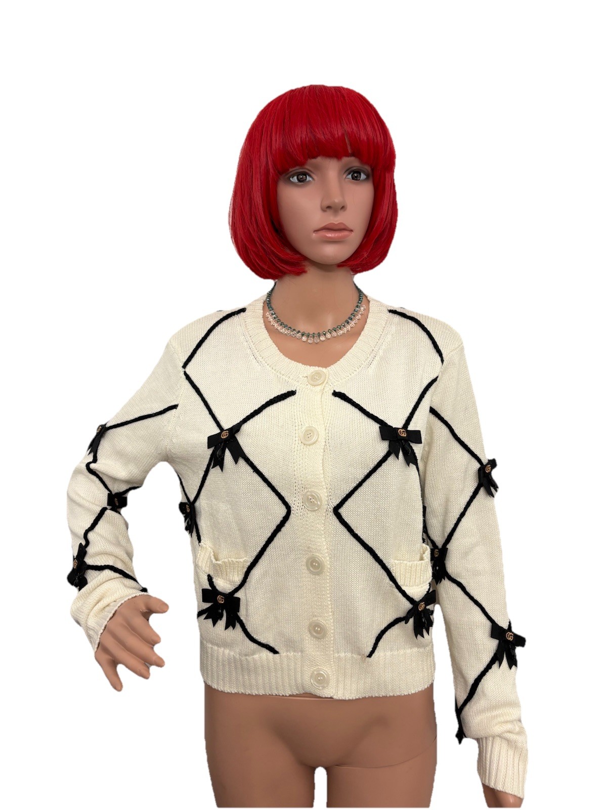 Gucci GG COTTON  CARDIGAN  quilted sweater with bows Sz:M