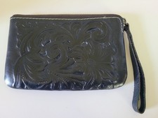 Patricia Nash Italian Leather Black Rose Embossed Wristlet Clutch New
