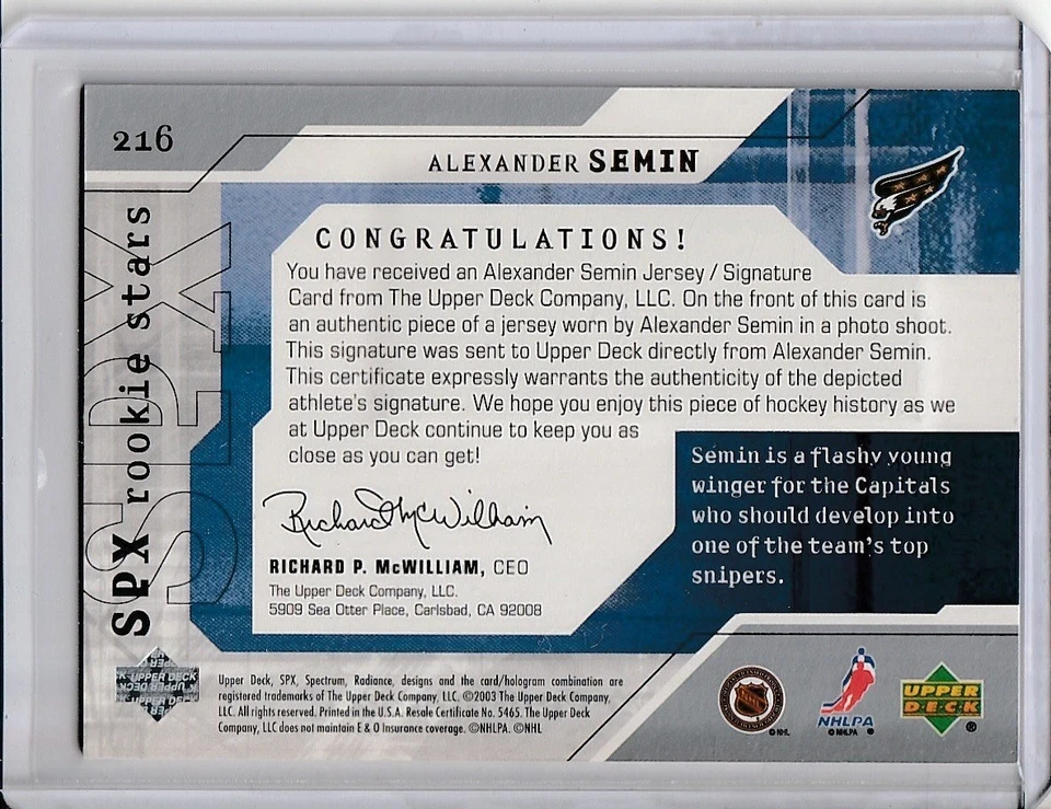 Alexander Semin Capitals 2003-04 SPx Rookie Stars UD Auto #28 045/925 - Image 2 of 2