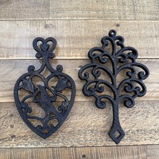 Vintage Cast Iron Black Trivet With Bird and Tulips And Tree Rustic