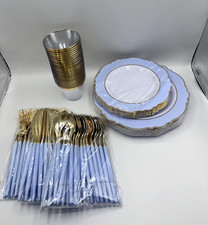 Plastic Party Plates Set Blue/Gold 149pc. Set
