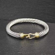David Yurman 7mm 14K Gold Diamond Buckle Bangle Sterling Silver Bracelet