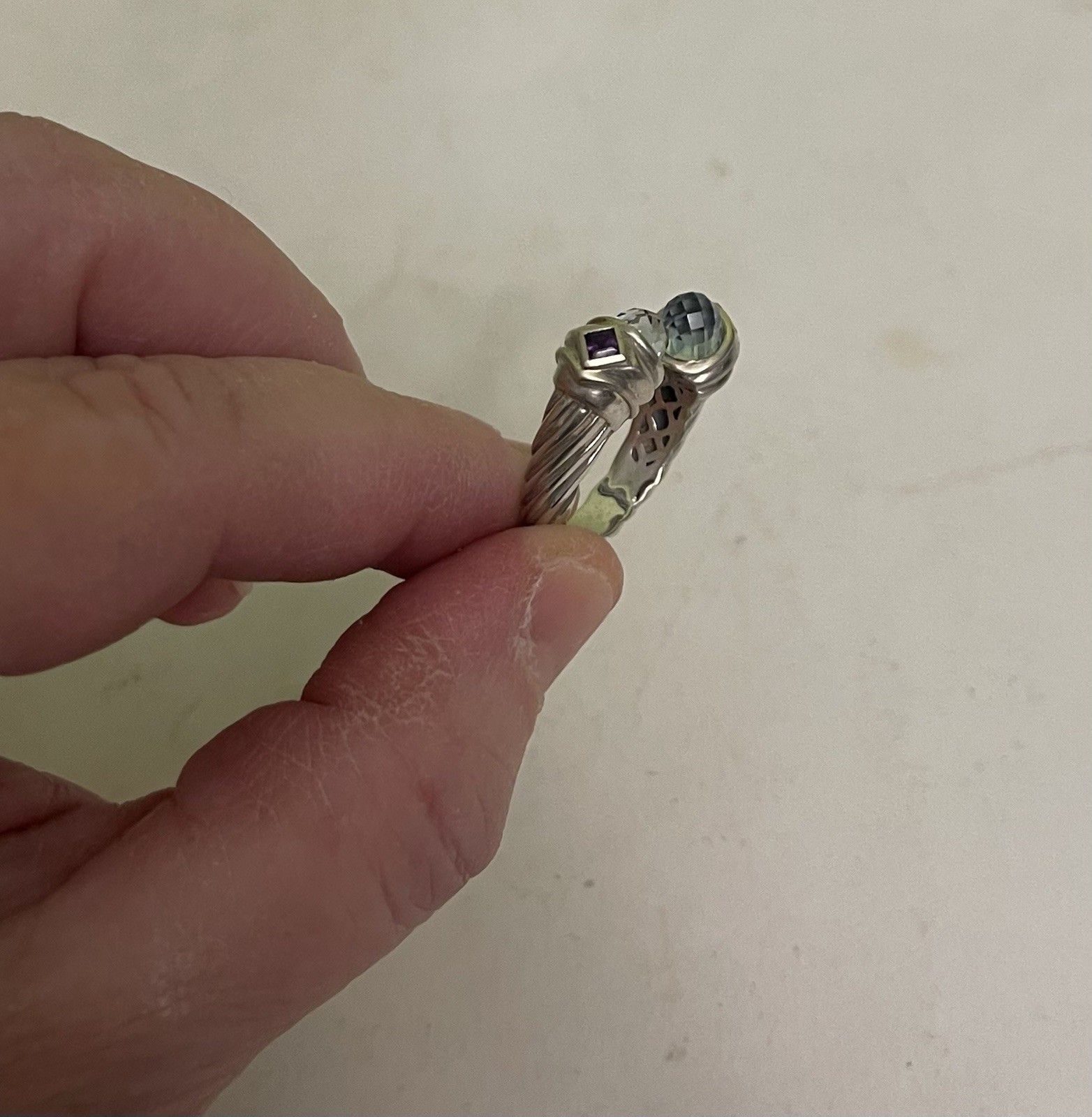 Sterling Silver Cable Openwork Ring Blue Topaz Am… - image 4