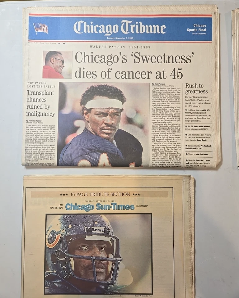 ¡NUEVO! Periódicos completos Walter Payton Tribute, Chicago Tribune & Sun-Times 1999 Foto 3 de 4