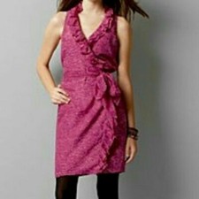 ANN TAYLOR LOFT Wrap Dress 10 Silk Blend Pink Animal Print Ruffle Sleeveless NWT