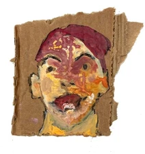 Original Outsider Art Primitive Abstract Man Portrait Painting Torn Cardboard