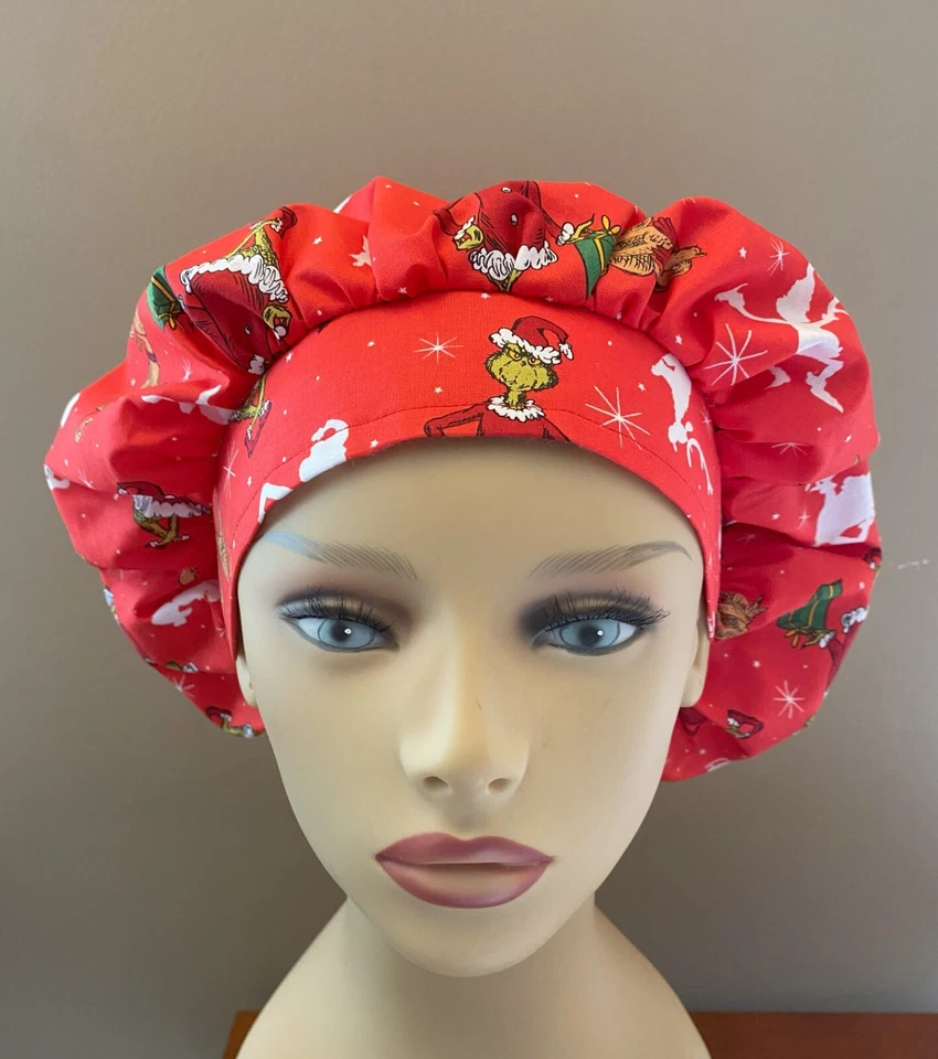 Christmas Grinch Bouffant surgical scrub hat women made with Christmas Fabric - Image 2 of 3
