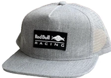 F1 Racing Gray Flat Brim Trucker Cap. Light Gray . Silicone Rubber Badges.