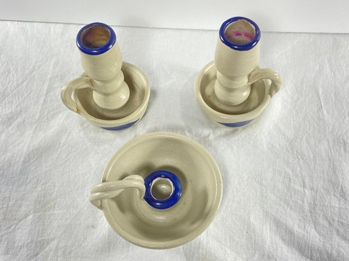 Williamsburg Pottery Ceramic Candlesticks Handles Colonial Blue & Bisque Lot 3 - Picture 9 of 10