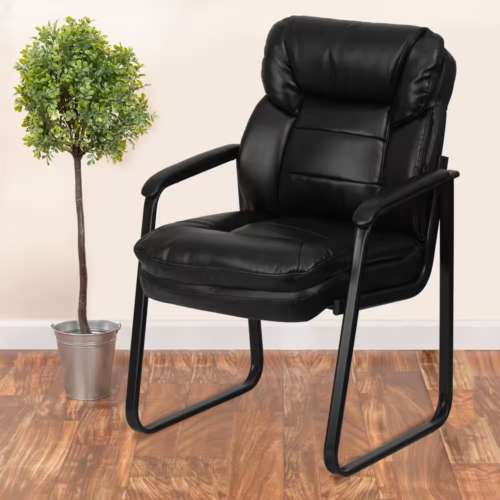 New Black Leather Executive Side Chair, Padded Arms, Sled Base, Modern Design