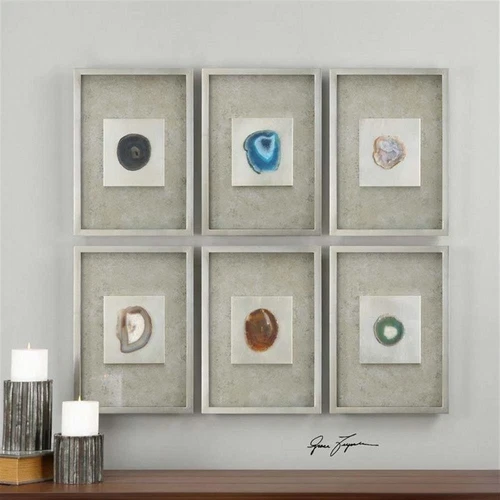 Uttermost Agate Contemporary MDF Glass Paper Wall Art in Silver (Set of 6) - Picture 1 of 3